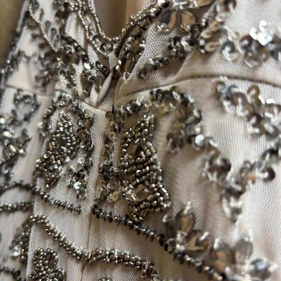 Aidan Mattox Beaded Mesh Godet Gown 8 NEW Blush Champagne Mock Neck Open Back - Picture 13 of 15